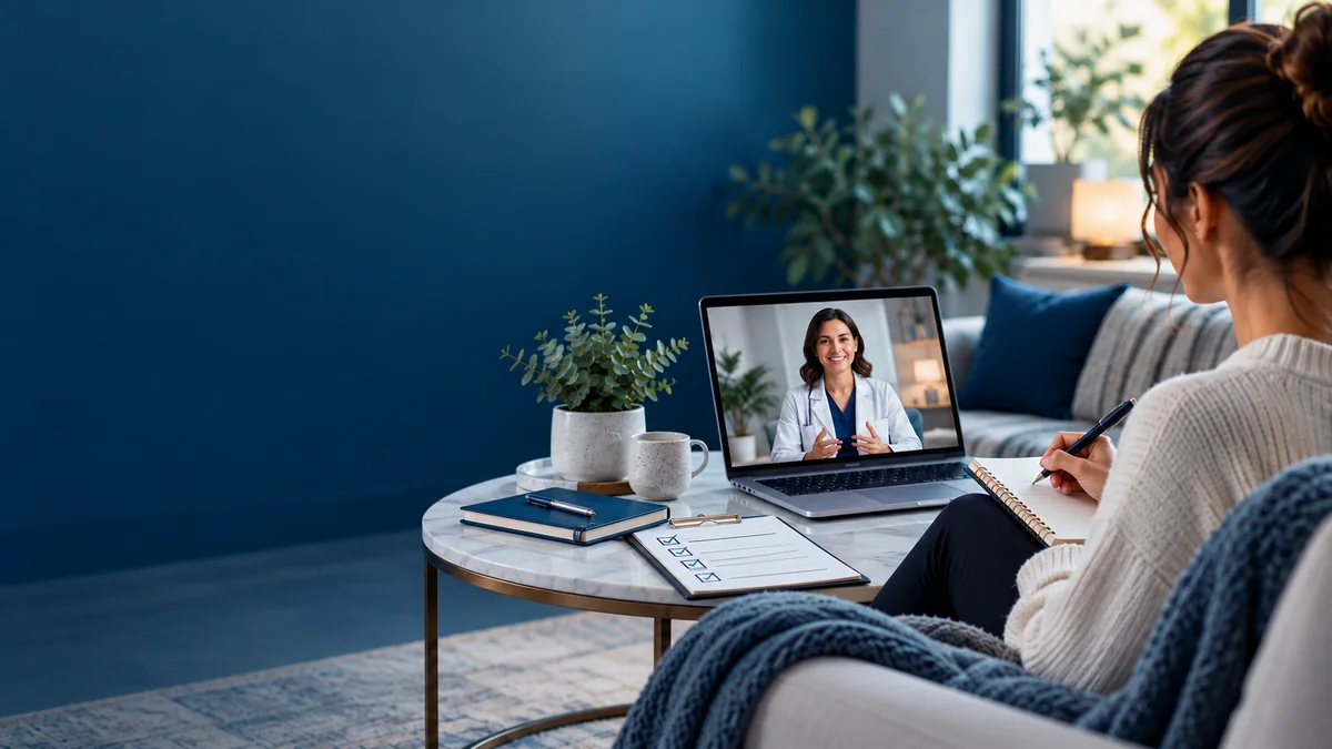 Person preparing notes for a video medical consultation on a laptop at home
